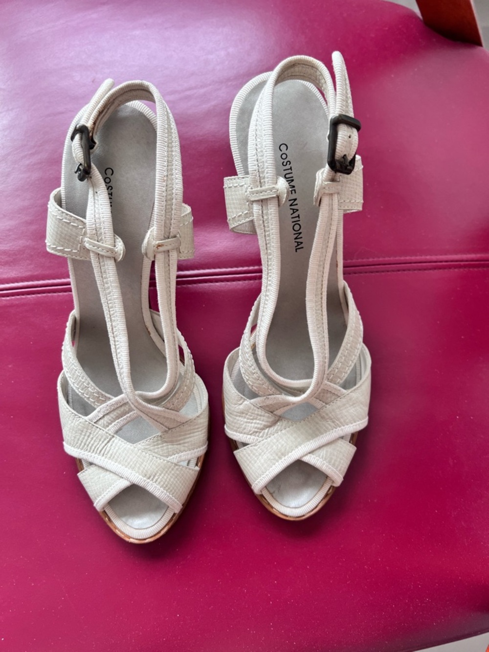 CNC Costume National Cream T-Strap Woven Slingback Heels